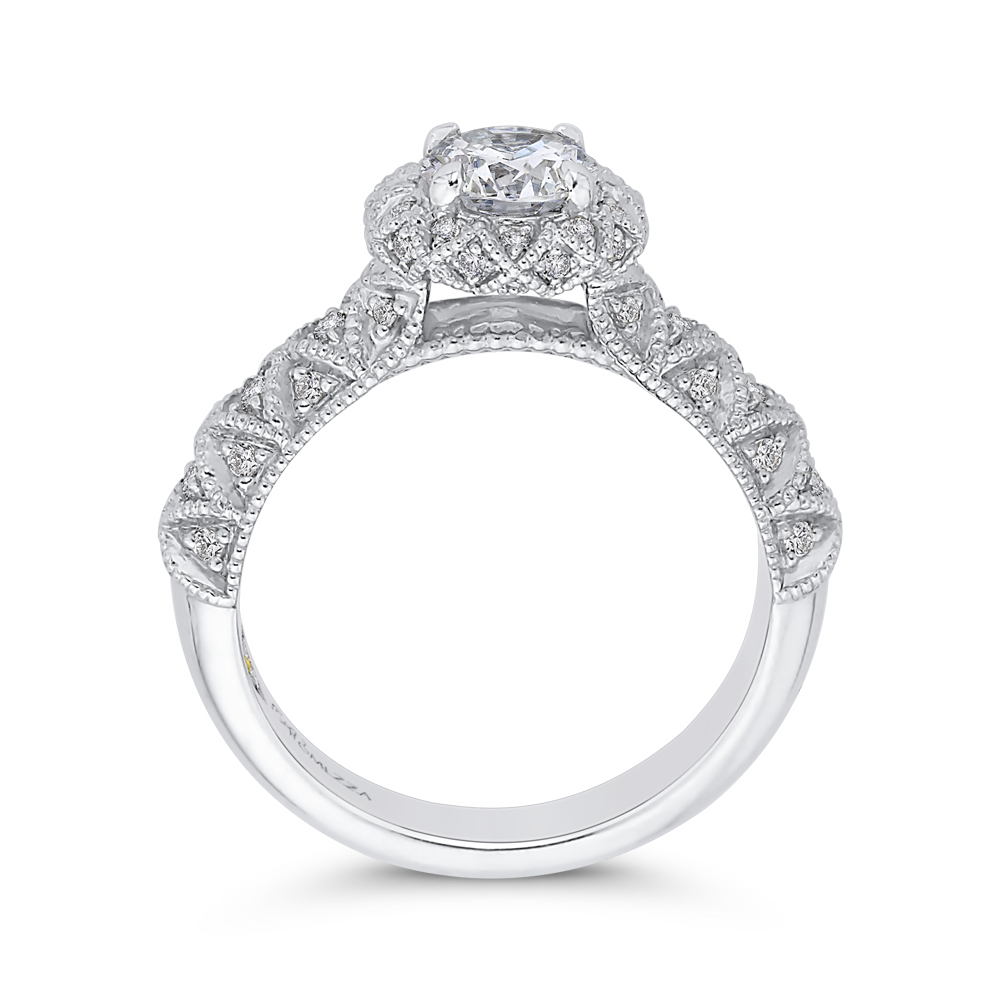 Round Diamond Floral Halo Engagement Ring in 14K White Gold