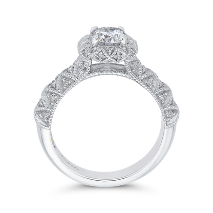 Round Diamond Floral Halo Engagement Ring in 14K White Gold