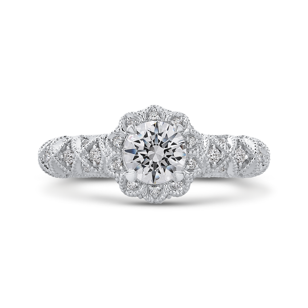 Round Diamond Floral Halo Engagement Ring in 14K White Gold