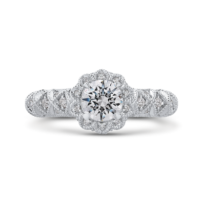 Round Diamond Floral Halo Engagement Ring in 14K White Gold