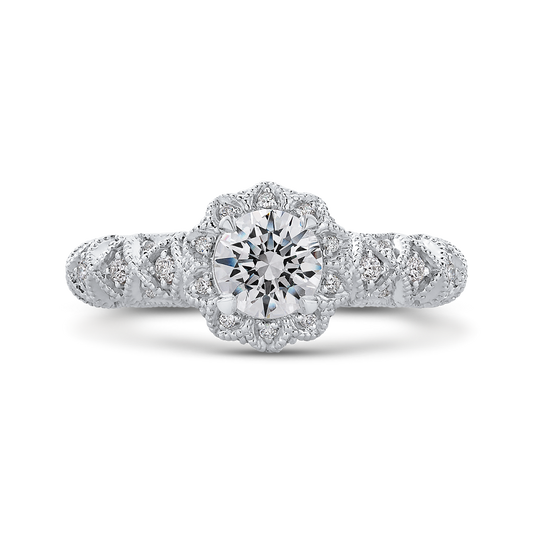 Round Diamond Floral Halo Engagement Ring in 14K White Gold