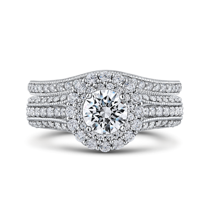 Diamond Double Halo Vintage Engagement Ring in 14K White Gold