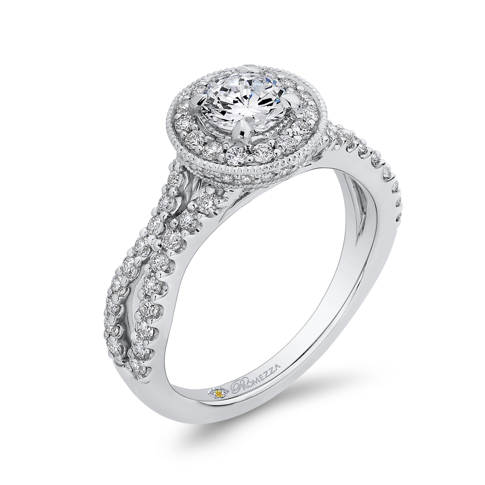 Split Shank Round Diamond Halo Engagement Ring in 14K White Gold