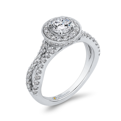 Split Shank Round Diamond Halo Engagement Ring in 14K White Gold