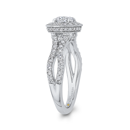 Split Shank Round Diamond Halo Engagement Ring in 14K White Gold