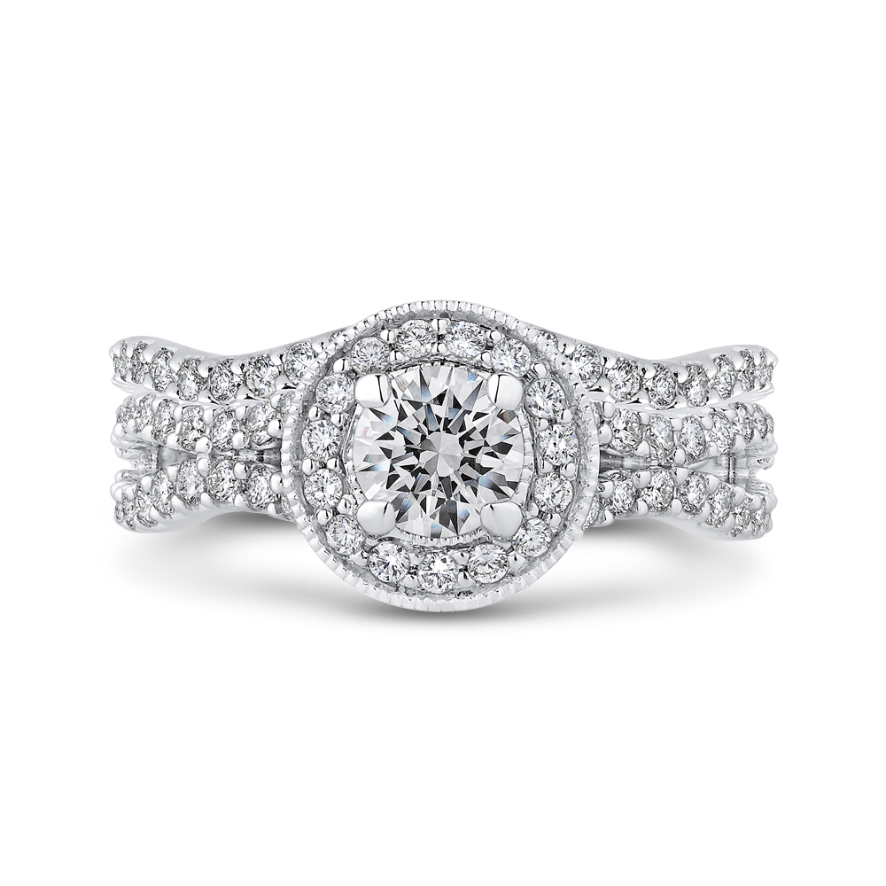 Split Shank Round Diamond Halo Engagement Ring in 14K White Gold