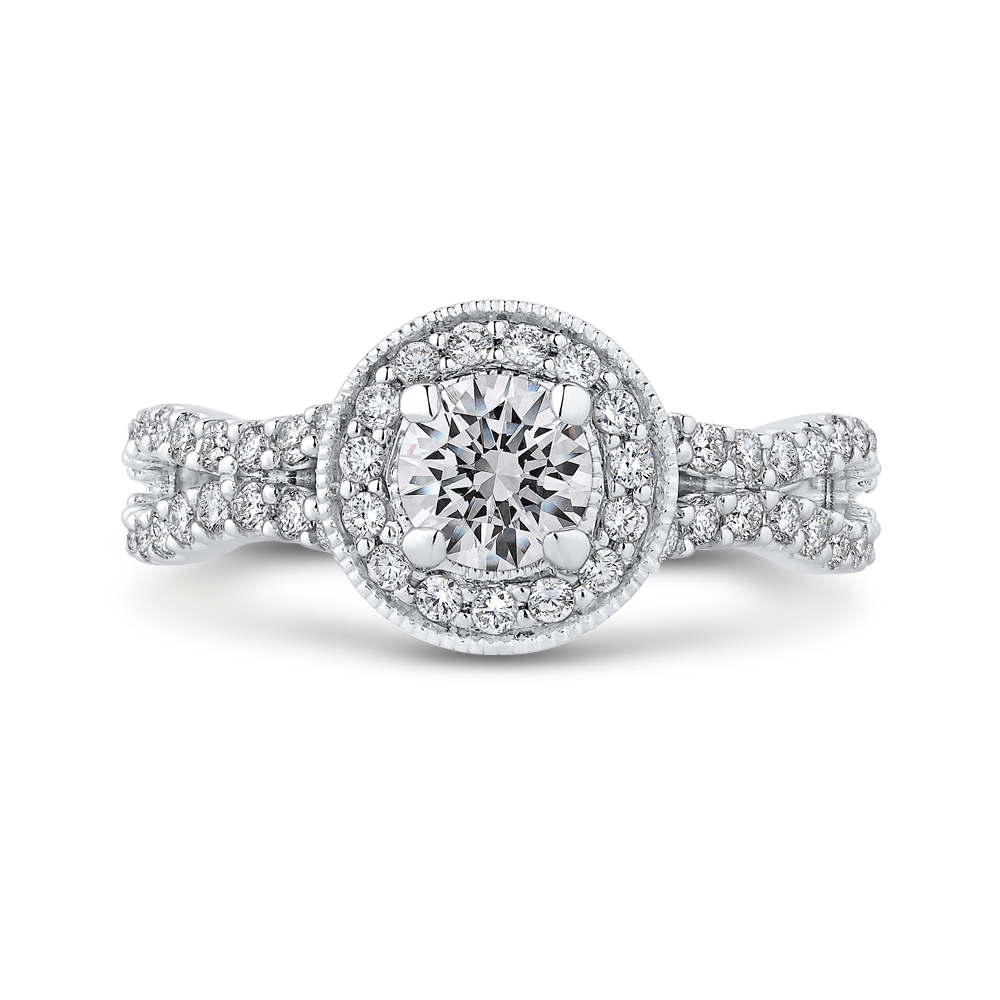 Split Shank Round Diamond Halo Engagement Ring in 14K White Gold