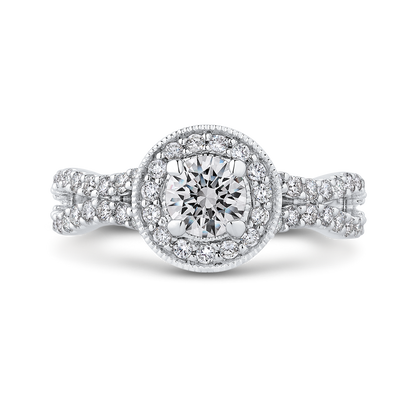 Split Shank Round Diamond Halo Engagement Ring in 14K White Gold