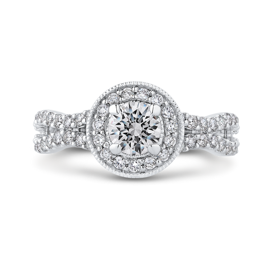 Split Shank Round Diamond Halo Engagement Ring in 14K White Gold