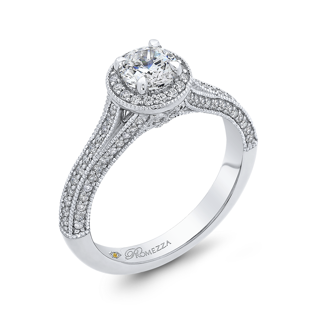 Split Shank Round Diamond Halo Engagement Ring in 14K White Gold