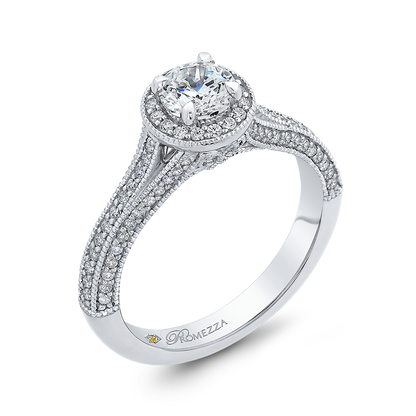 Split Shank Round Diamond Halo Engagement Ring in 14K White Gold