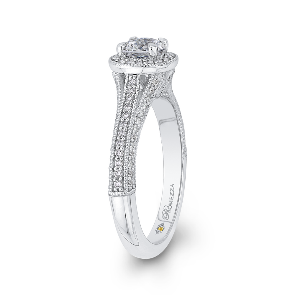 Split Shank Round Diamond Halo Engagement Ring in 14K White Gold