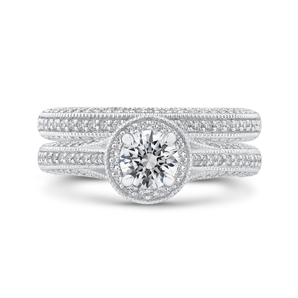 Split Shank Round Diamond Halo Engagement Ring in 14K White Gold