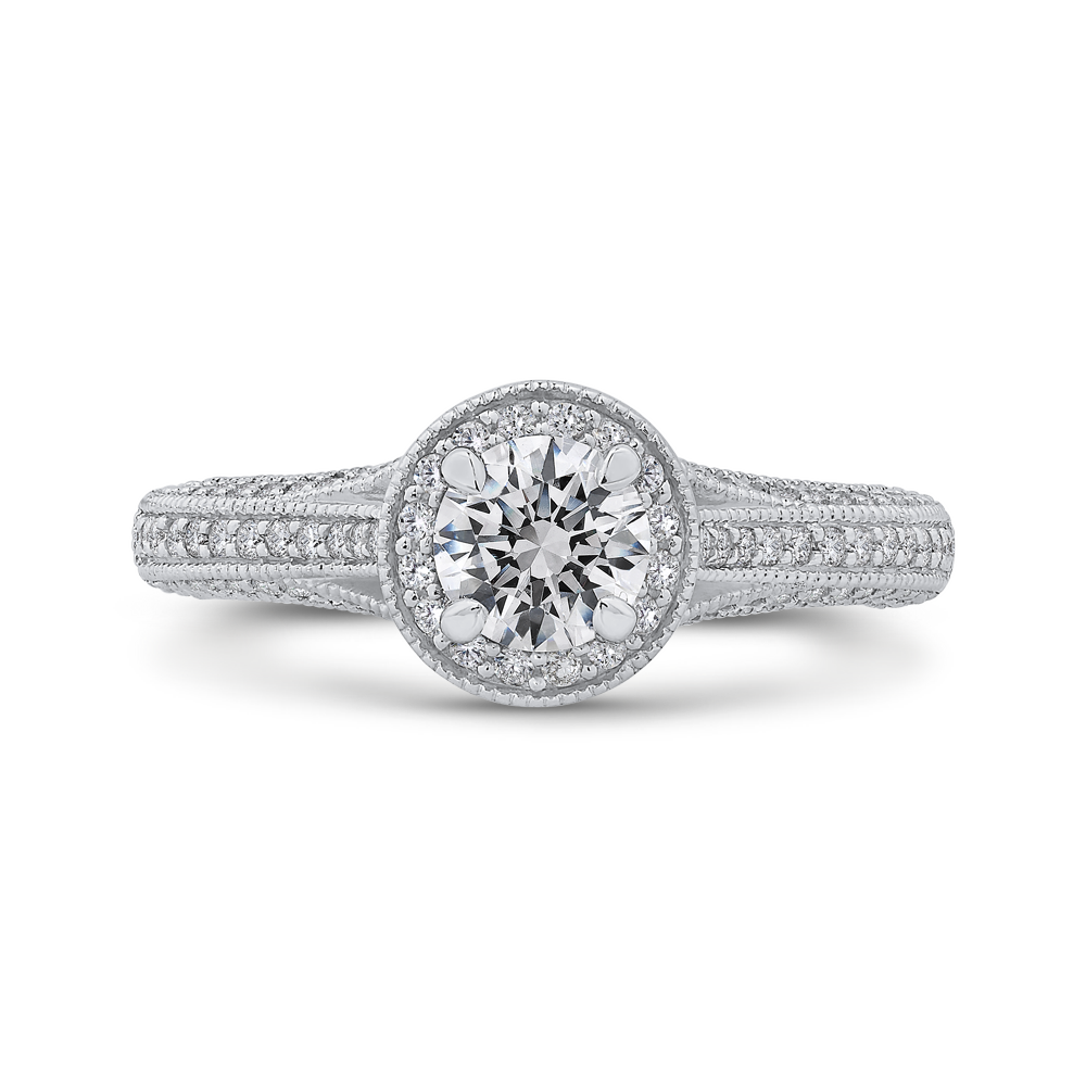 Split Shank Round Diamond Halo Engagement Ring in 14K White Gold