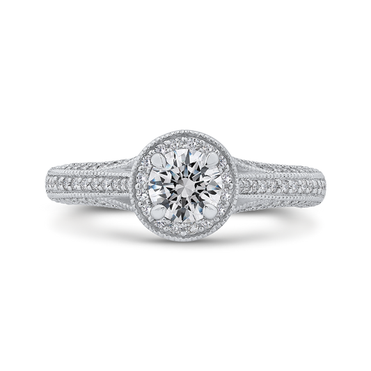 Split Shank Round Diamond Halo Engagement Ring in 14K White Gold