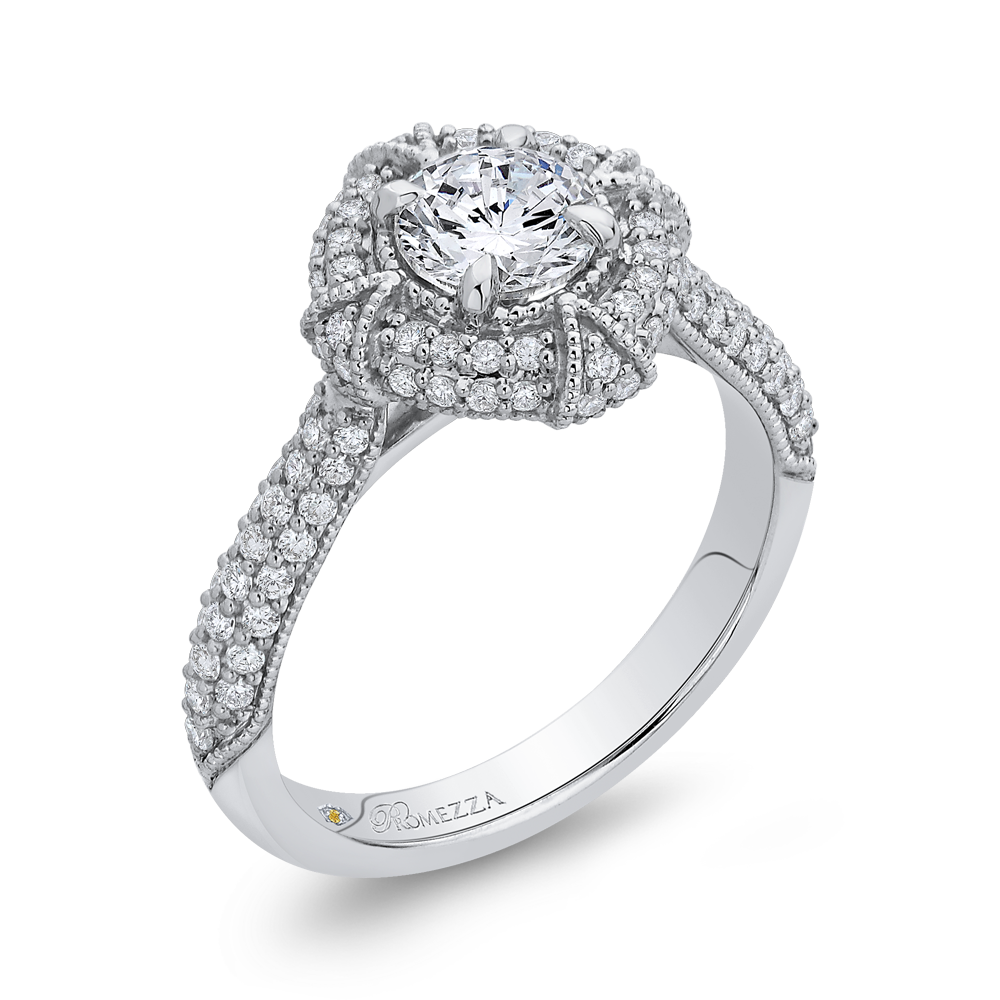 Round Diamond Cathedral Style Halo Engagement Ring in 14K White Gold