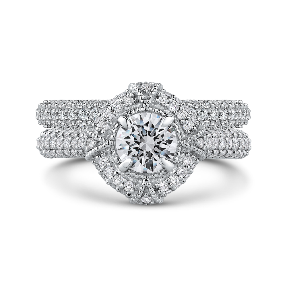 Round Diamond Cathedral Style Halo Engagement Ring in 14K White Gold