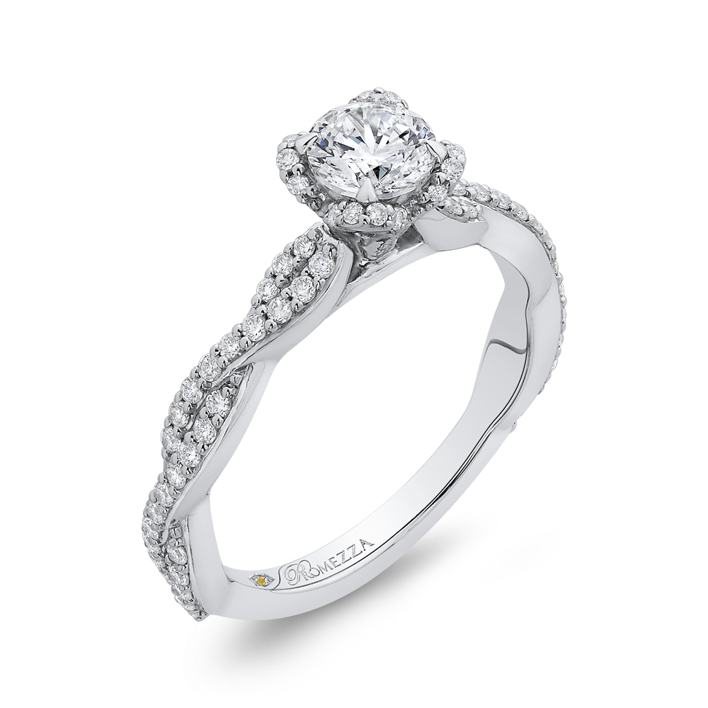 Round Diamond Floral Engagement Ring in 14K White Gold