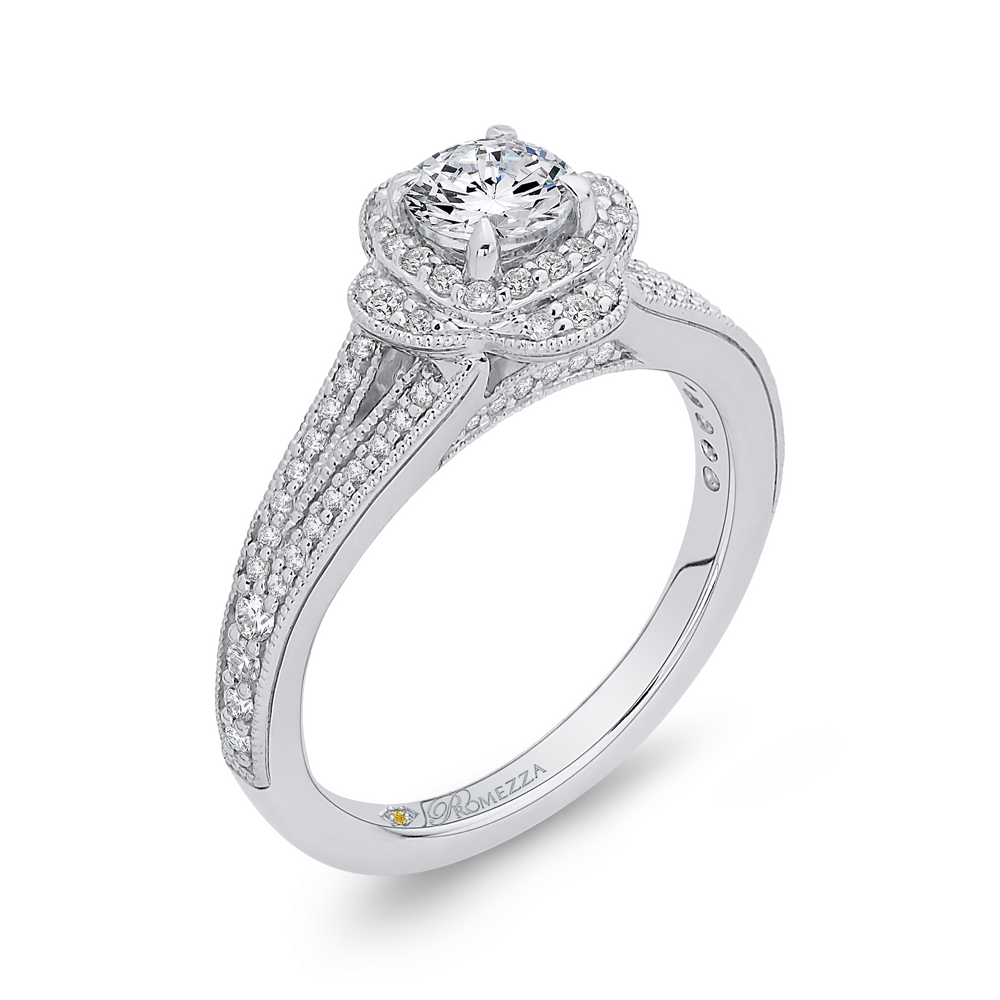 Split Shank Round Diamond Halo Engagement Ring in 14K White Gold