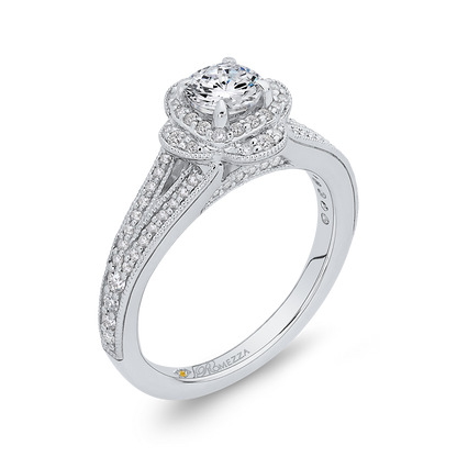 Split Shank Round Diamond Halo Engagement Ring in 14K White Gold