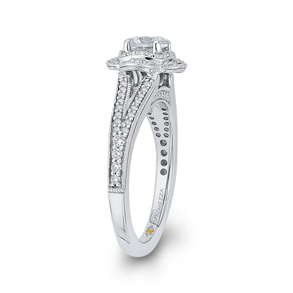 Split Shank Round Diamond Halo Engagement Ring in 14K White Gold