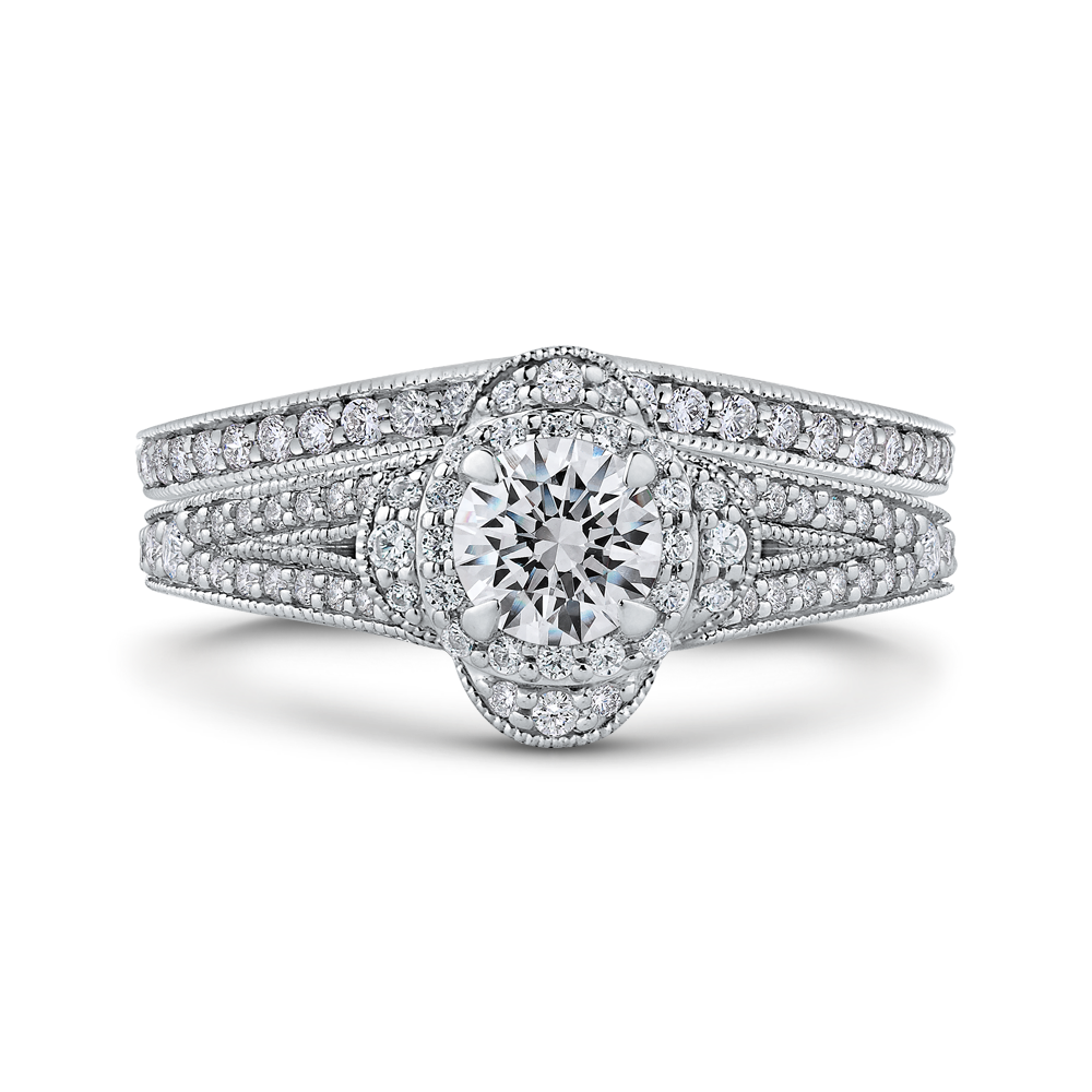 Split Shank Round Diamond Halo Engagement Ring in 14K White Gold