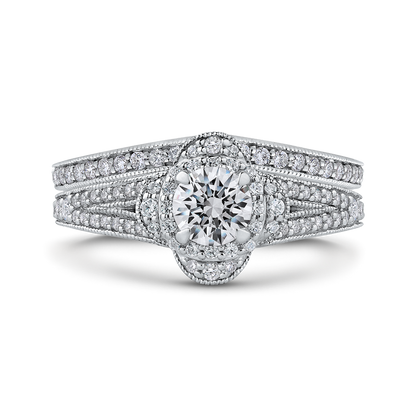 Split Shank Round Diamond Halo Engagement Ring in 14K White Gold