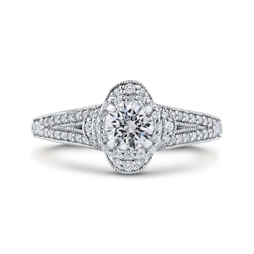 Split Shank Round Diamond Halo Engagement Ring in 14K White Gold