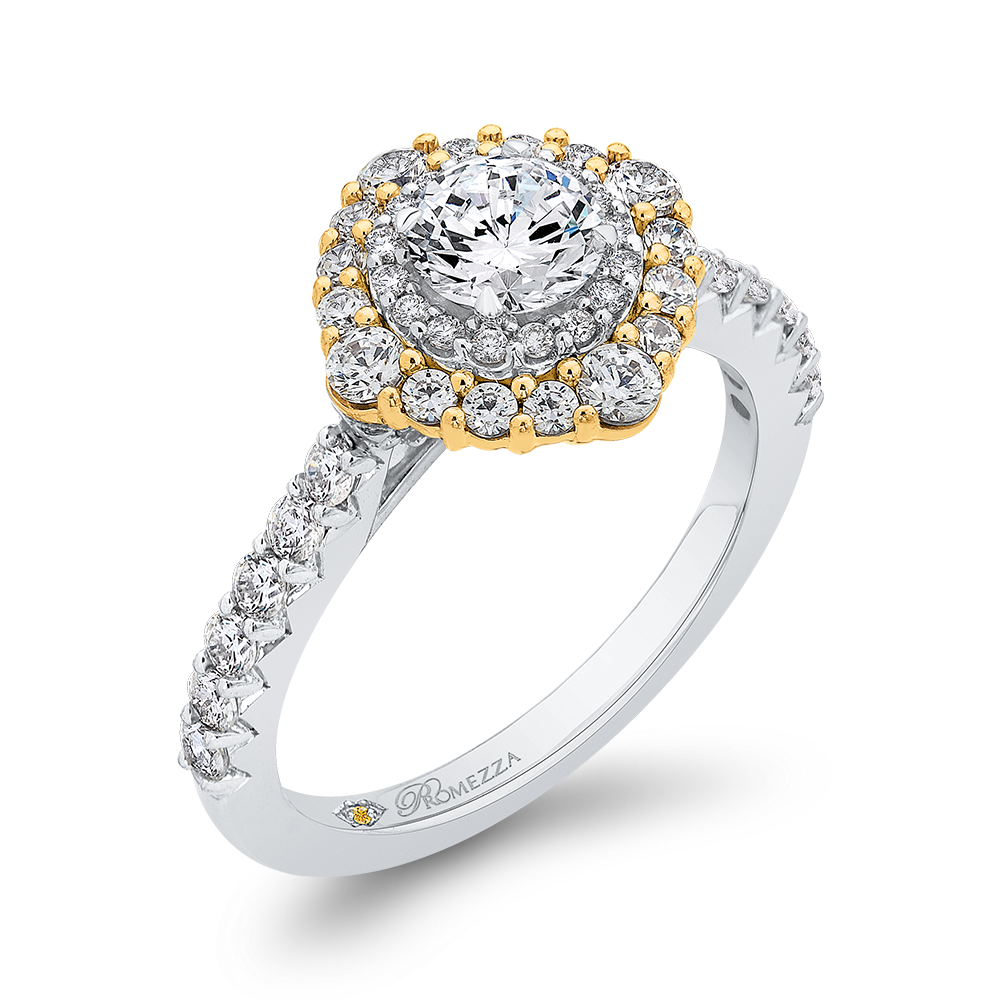 Round Diamond Double Halo Engagement Ring in 14K Two Tone Gold