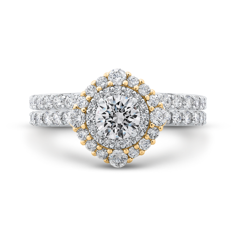 Round Diamond Double Halo Engagement Ring in 14K Two Tone Gold