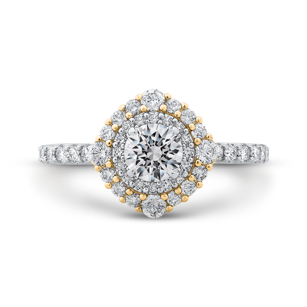 Round Diamond Double Halo Engagement Ring in 14K Two Tone Gold