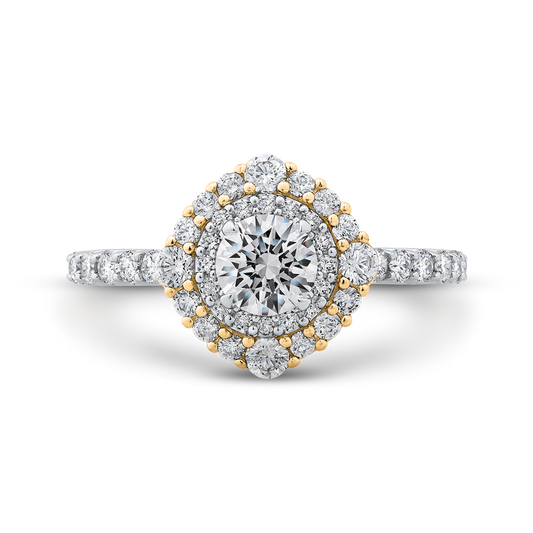 Round Diamond Double Halo Engagement Ring in 14K Two Tone Gold