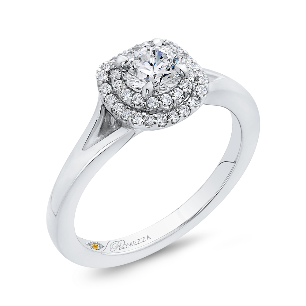 Round Diamond Double Halo with Spit Shank Engagement Ring in 14K White Gold