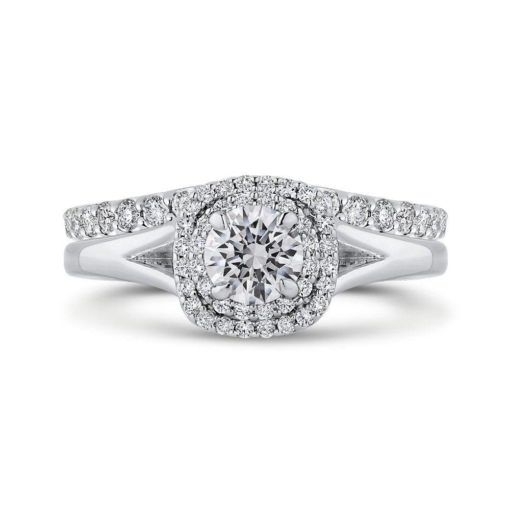 Round Diamond Double Halo with Spit Shank Engagement Ring in 14K White Gold