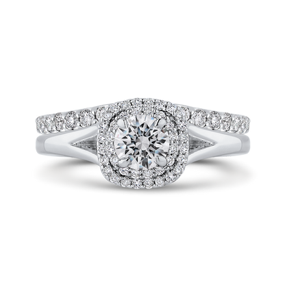 Round Diamond Double Halo with Spit Shank Engagement Ring in 14K White Gold