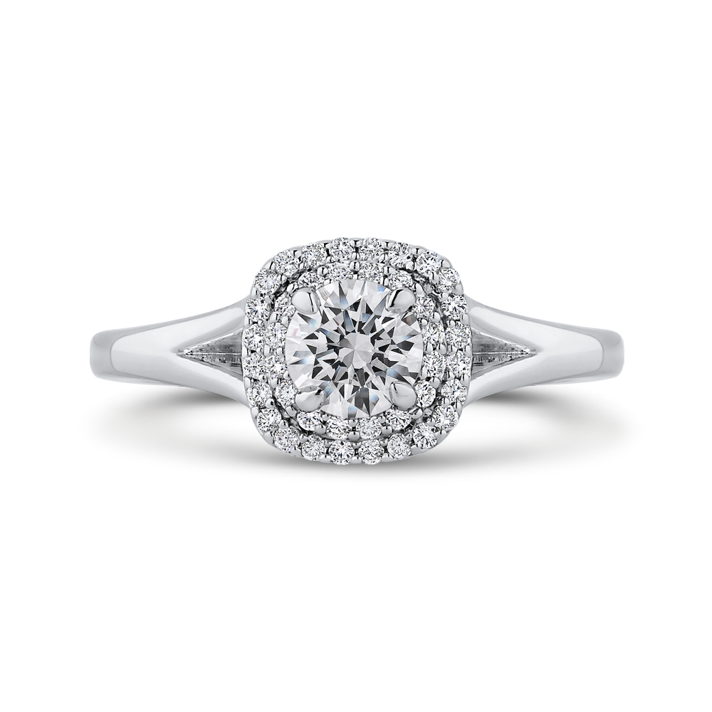 Round Diamond Double Halo with Spit Shank Engagement Ring in 14K White Gold