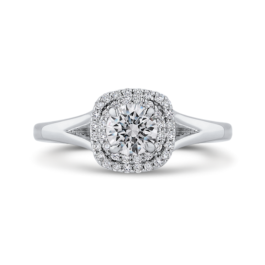 Round Diamond Double Halo with Spit Shank Engagement Ring in 14K White Gold