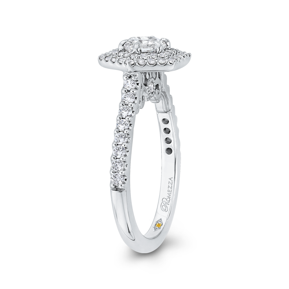 Round Diamond Hexagon Shape Double Halo Engagement Ring in 14K White Gold