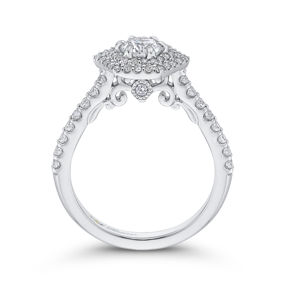 Round Diamond Hexagon Shape Double Halo Engagement Ring in 14K White Gold