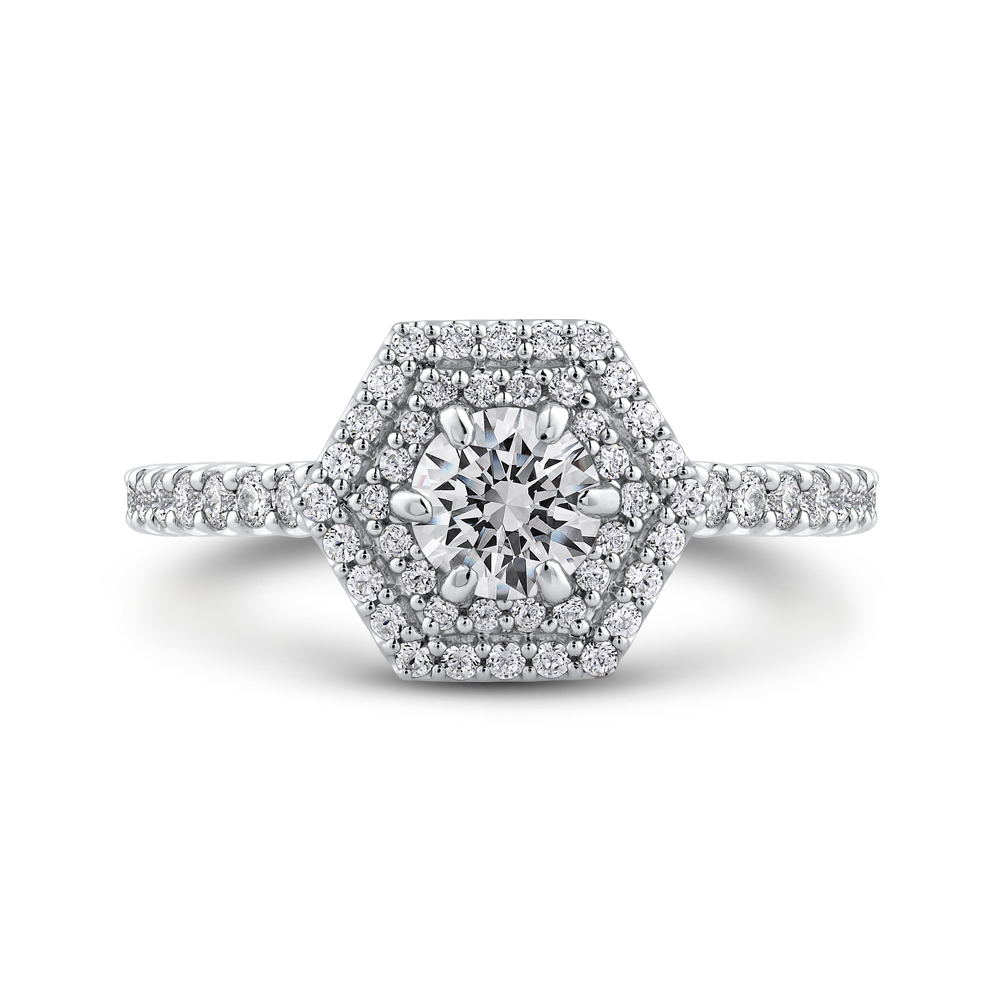 Round Diamond Hexagon Shape Double Halo Engagement Ring in 14K White Gold