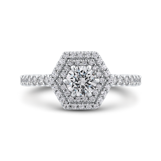 Round Diamond Hexagon Shape Double Halo Engagement Ring in 14K White Gold