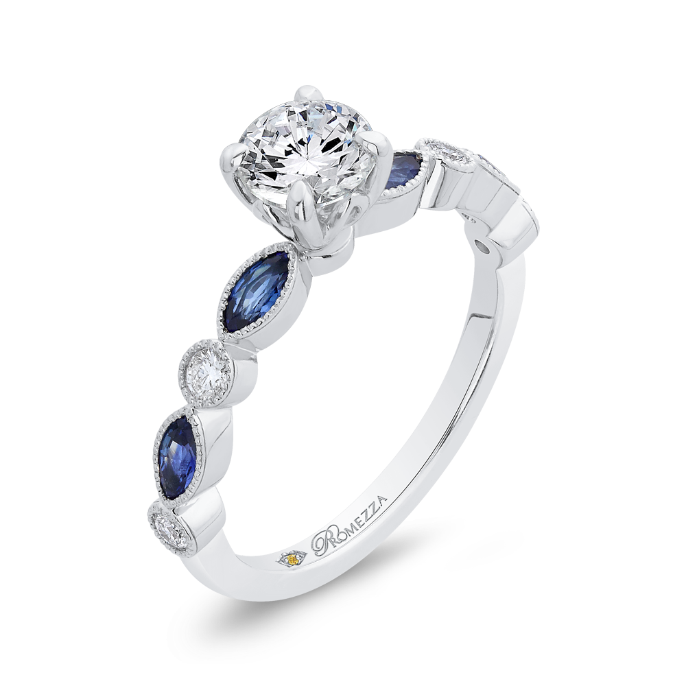 Round Diamond Engagement Ring with Pear Cut Sapphire in 14K White Gold