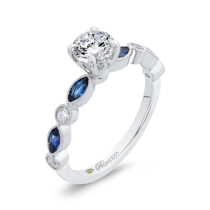 Round Diamond Engagement Ring with Pear Cut Sapphire in 14K White Gold