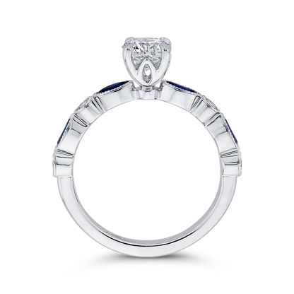 Round Diamond Engagement Ring with Pear Cut Sapphire in 14K White Gold