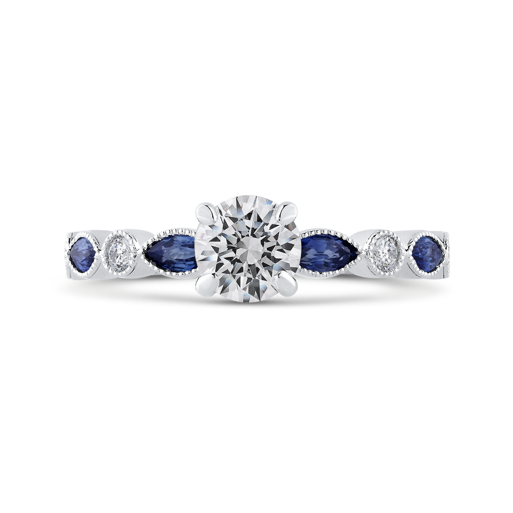 Round Diamond Engagement Ring with Pear Cut Sapphire in 14K White Gold