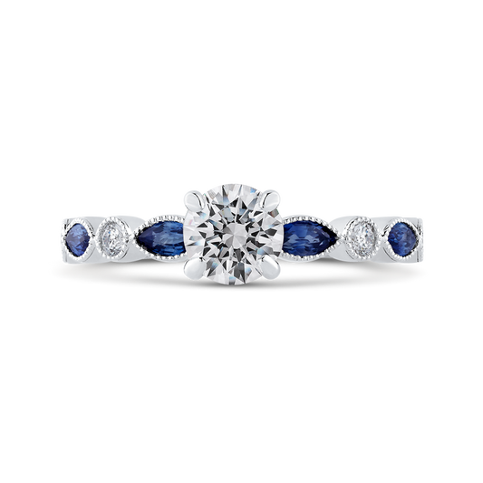 Round Diamond Engagement Ring with Pear Cut Sapphire in 14K White Gold