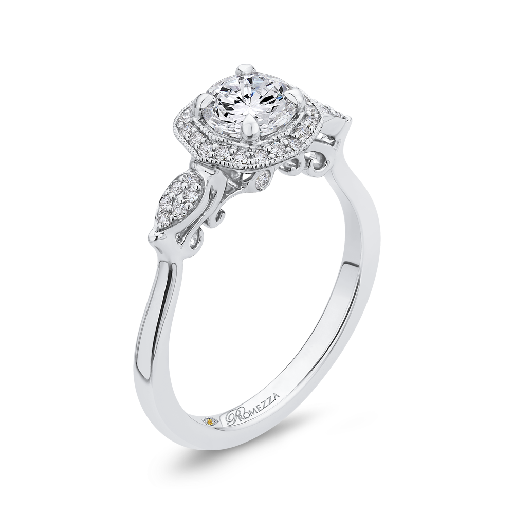 Round Diamond Floral Halo Engagement Ring in 14K White Gold