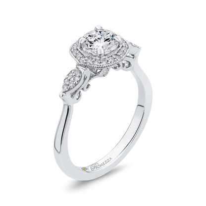 Round Diamond Floral Halo Engagement Ring in 14K White Gold