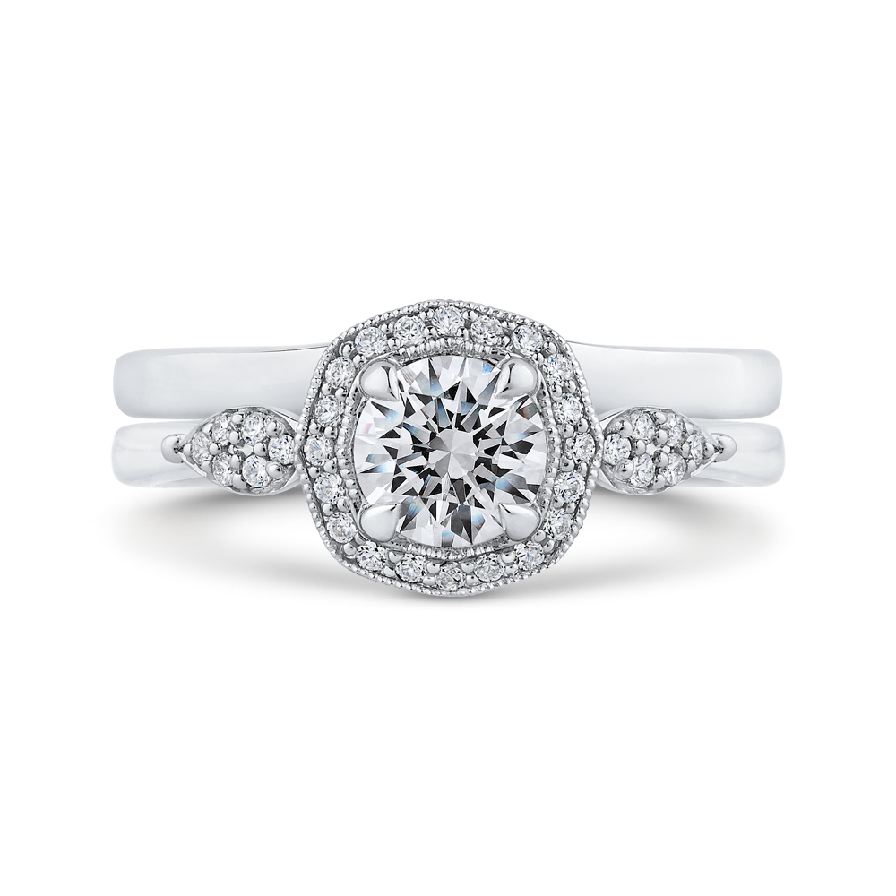 Round Diamond Floral Halo Engagement Ring in 14K White Gold