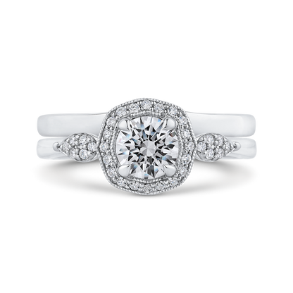 Round Diamond Floral Halo Engagement Ring in 14K White Gold